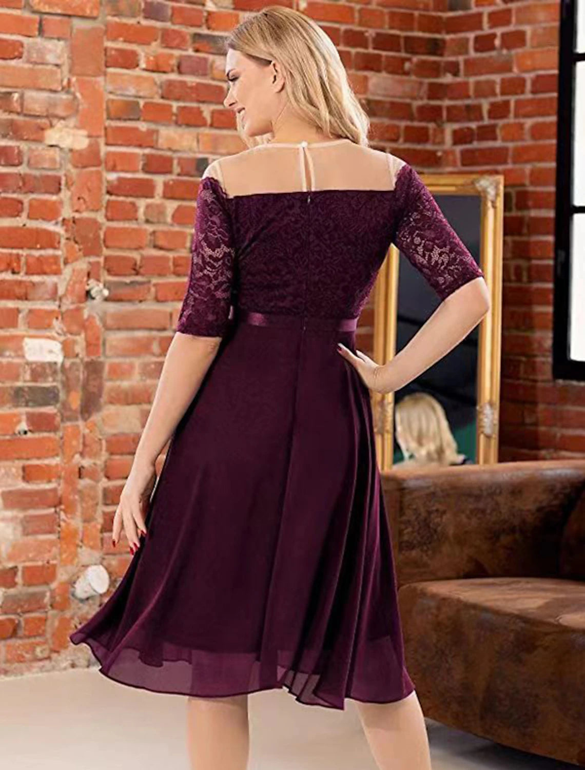 Wholesale A-Line Cocktail Dresses Vintage Dress Party Wear Cocktail Party Knee Length Half Sleeve Jewel Neck Fall Wedding Guest Lace with Pleats